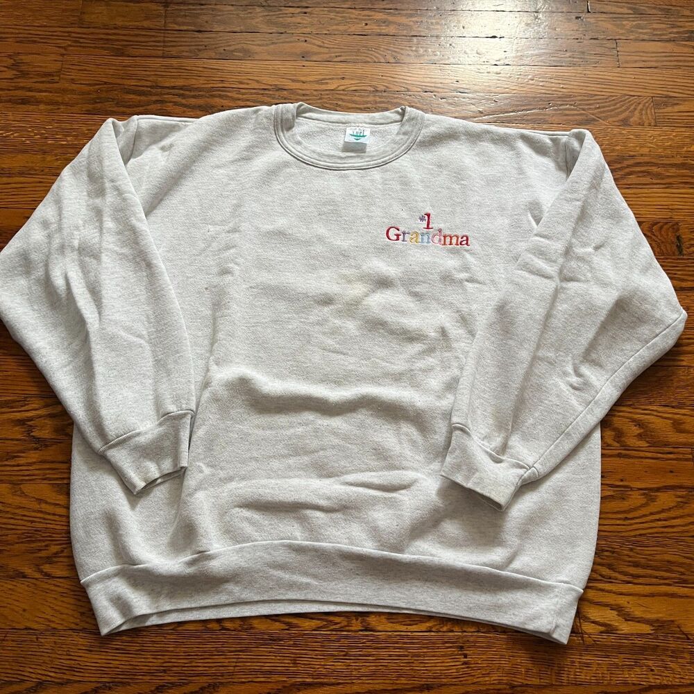 Vintage 90s #1 Grandma Rainbow Embroidered Gray Sweatshirt XXL Grandmacore USA